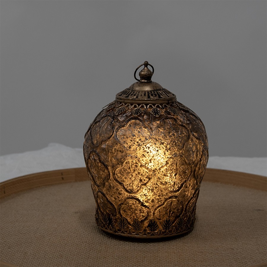 Hnědá skleněná svítící LED lucerna Balli - Ø 13*18 cm Clayre & Eef Hnědá skleněná svítící LED lucerna Balli - Ø 13*18 cm Clayre & Eef