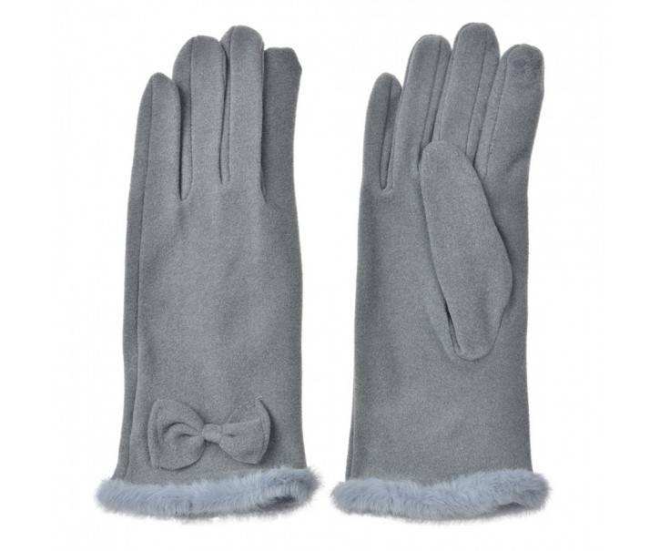 Šedé dámské rukavice s kožíškem a mašičkou- 9*23*1 cm Clayre & Eef