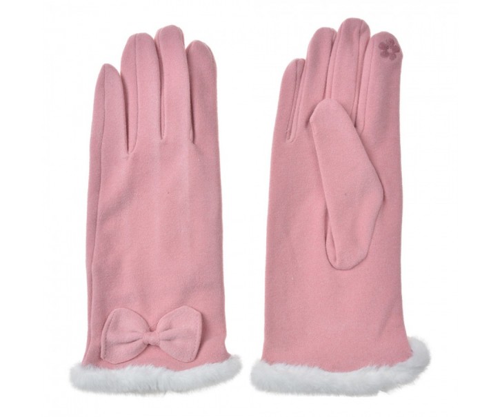 Růžové dámské rukavice s kožíškem a mašičkou - 9*23*1 cm Clayre & Eef