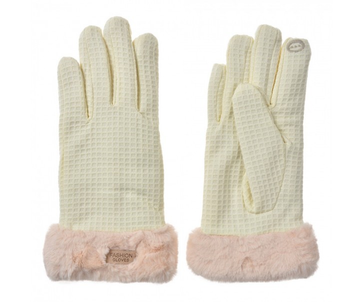 Béžové vaflové dámské rukavice s kožíškem - 9*23*2 cm Clayre & Eef