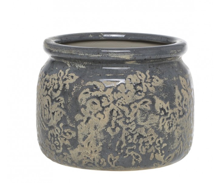 Opálový antik keramický obal na květináč s listy Antibes - Ø 20*15 cm Chic Antique