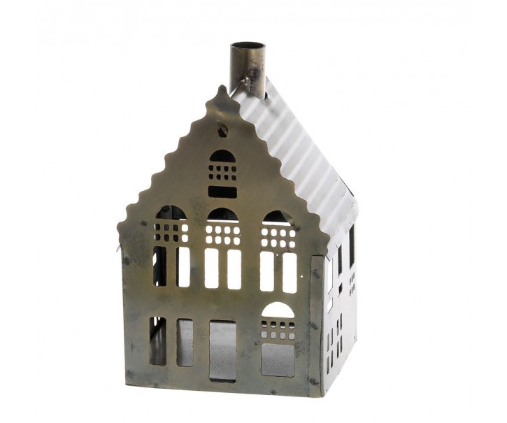 Mosazný antik kovový domek na svíčku Canie - 7*7*12 cm Chic Antique