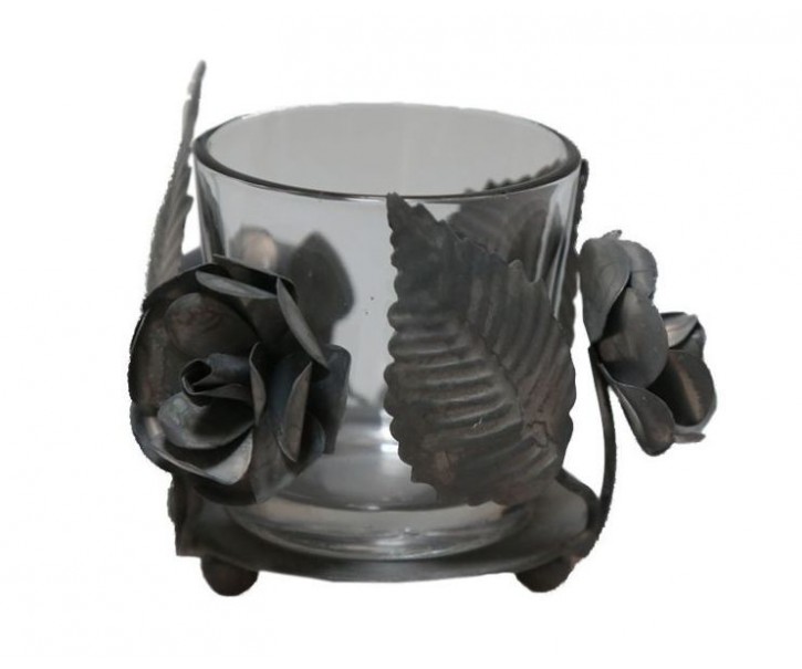 Kovovo - skleněný antik svícen s květy Flow - Ø 9*7 cm Chic Antique