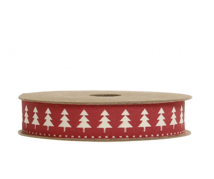 Červená bavlněná stuha se stromky Christmas Trees - 1,5cm x 5 m Chic Antique