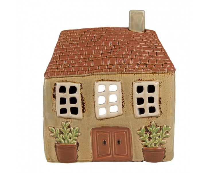 Hnědý keramický svícen na čajovou svíčku domek Amster Village - 17*10*19 cm Clayre & Eef