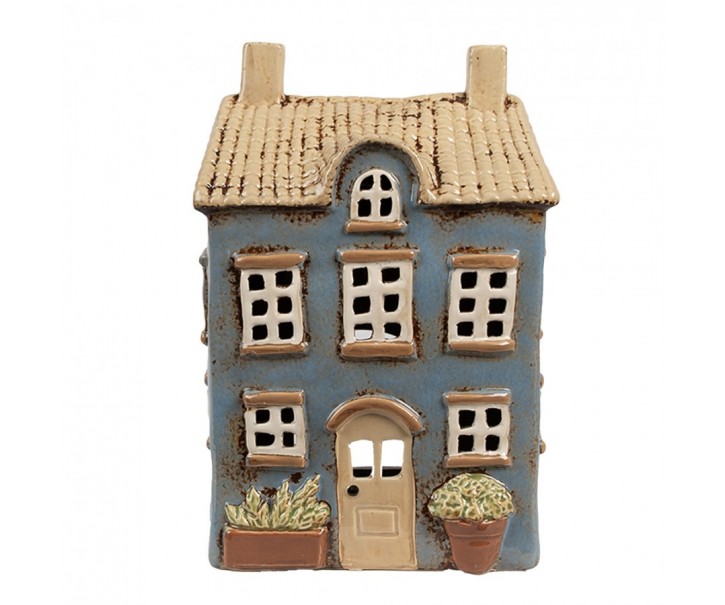 Modrý keramický svícen na čajovou svíčku domek Amster Village - 16*10*23 cm Clayre & Eef