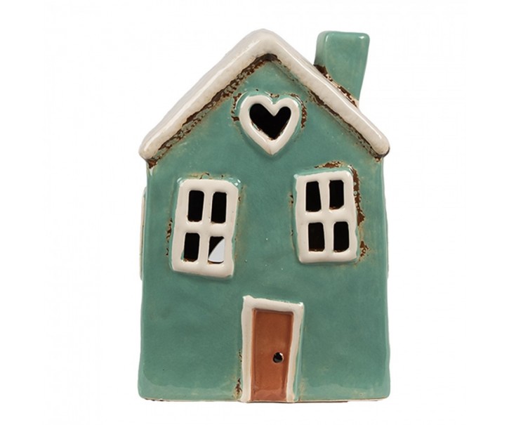 Zelený keramický svícen na čajovou svíčku domek Amster Village - 13*9*18 cm Clayre & Eef