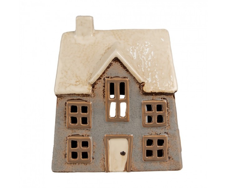 Šedý keramický svícen na čajovou svíčku domek Amster Village - 15*10*17 cm Clayre & Eef