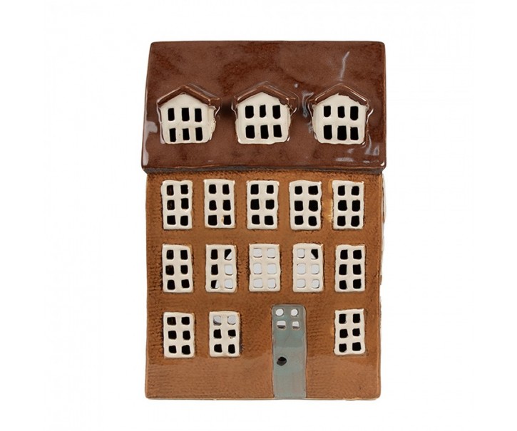 Hnědý keramický svícen na čajovou svíčku domek Amster Village - 17*11*24 cm Clayre & Eef