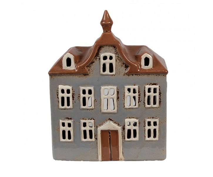 Šedý keramický svícen na čajovou svíčku domek Amster Village - 16*9*20 cm Clayre & Eef
