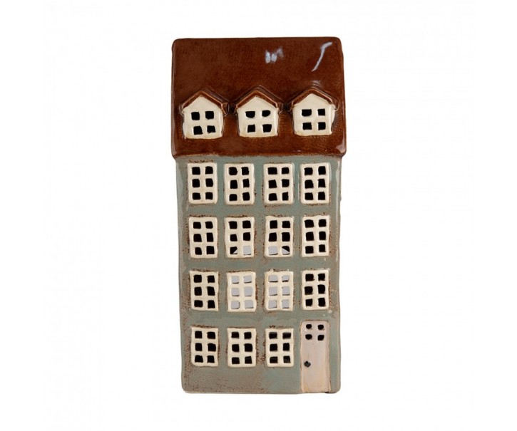 Šedý keramický svícen na čajovou svíčku domek Amster Village - 15*11*30 cm Clayre & Eef