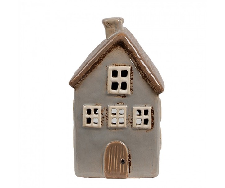 Šedý keramický svícen na čajovou svíčku domek Amster Village - 9*9*16 cm Clayre & Eef