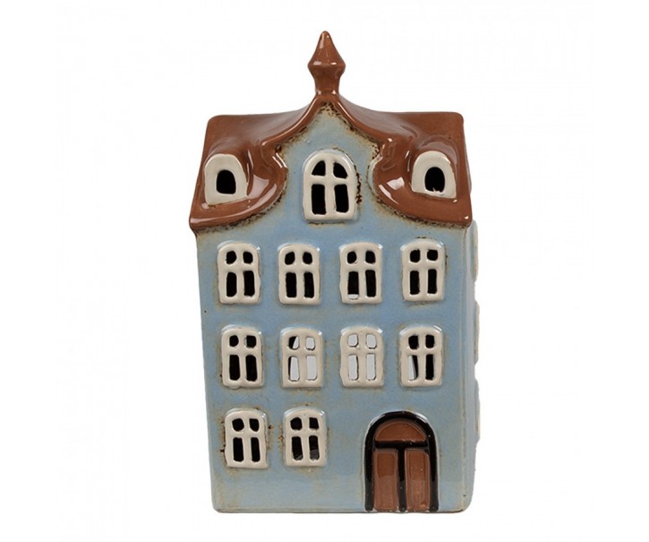 Modrý keramický svícen na čajovou svíčku domek Amster Village - 13*9*22 cm Clayre & Eef