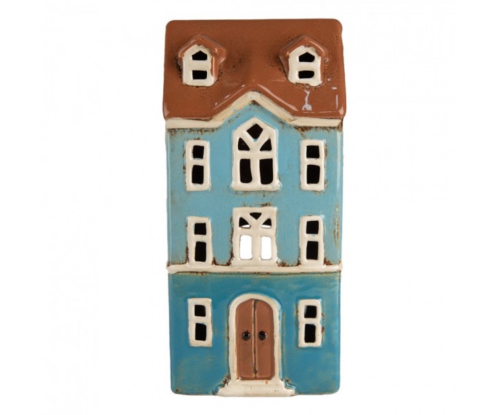 Modrý keramický svícen na čajovou svíčku domek Amster Village - 11*9*22 cm Clayre & Eef