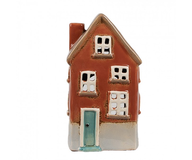 Hnědý keramický svícen na čajovou svíčku domek Amster Village - 10*8*18 cm Clayre & Eef