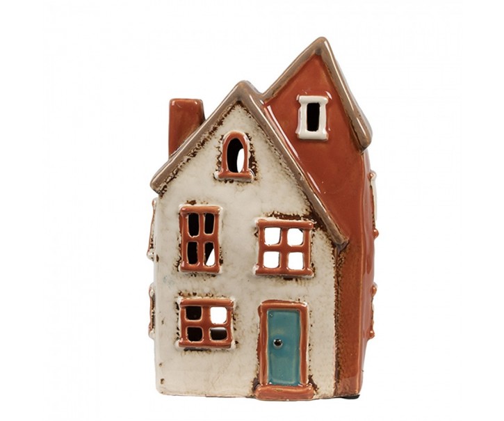 Béžovo-hnědý keramický svícen na čajovou svíčku domek Amster Village - 13*8*20 cm Clayre & Eef
