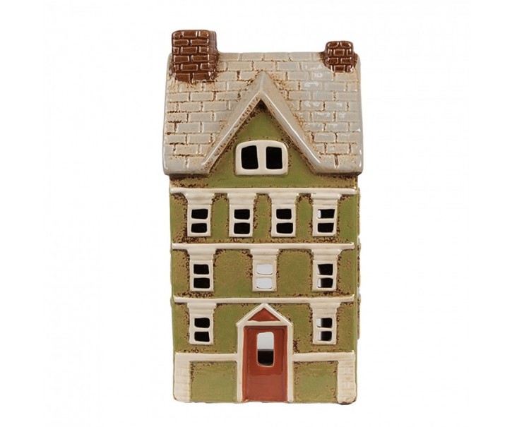 Zelený keramický svícen na čajovou svíčku domek Amster Village - 14*10*26 cm Clayre & Eef