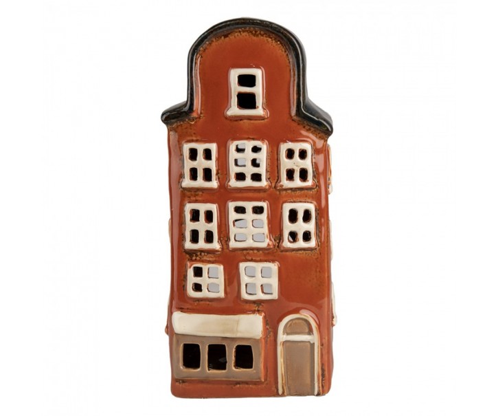 Červený keramický svícen na čajovou svíčku domek Amster Village - 12*9*25 cm Clayre & Eef