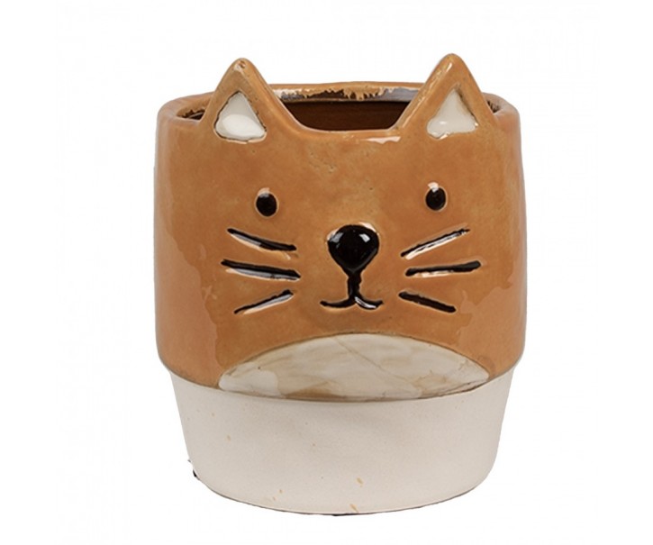 Hnědý keramický květináč ve tvaru kočky Cat - Ø 11*13 cm Clayre & Eef