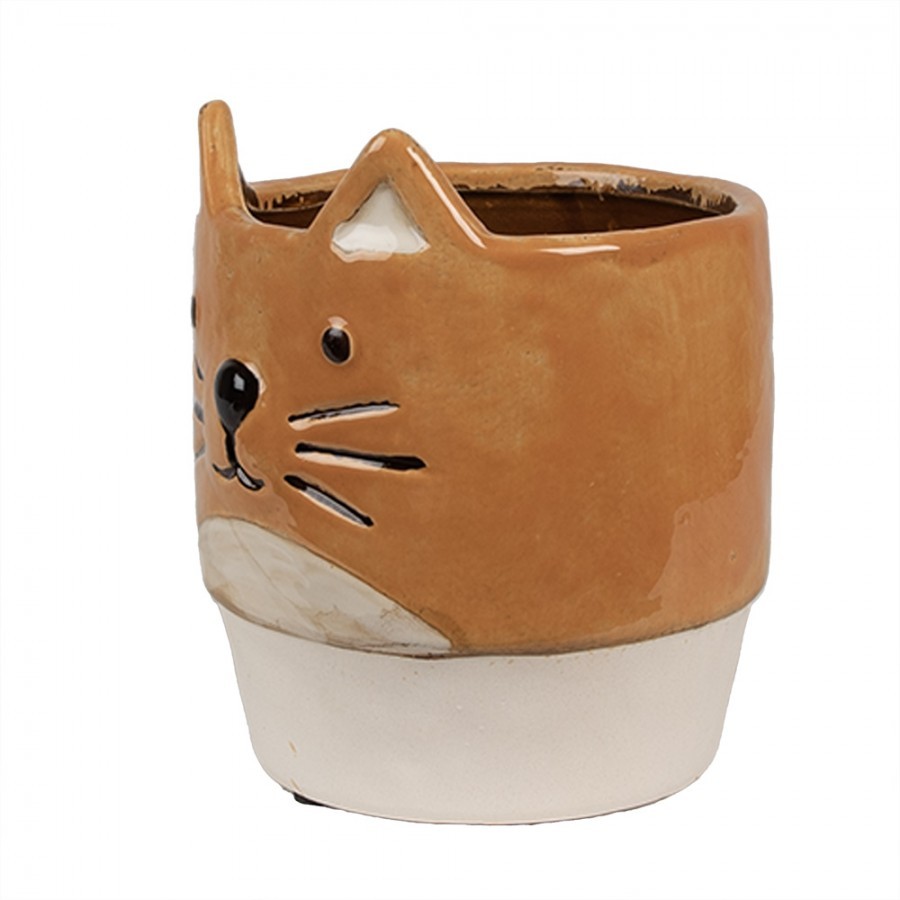 Hnědý keramický květináč ve tvaru kočky Cat - Ø 11*13 cm Clayre & Eef Hnědý keramický květináč ve tvaru kočky Cat - Ø 11*13 cm Clayre & Eef