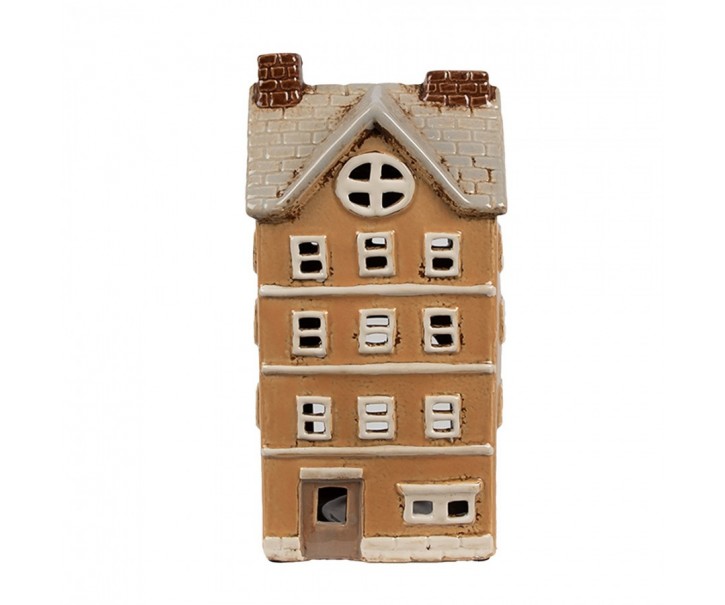 Hnědý keramický svícen na čajovou svíčku domek Amster Village - 11*9*22 cm Clayre & Eef