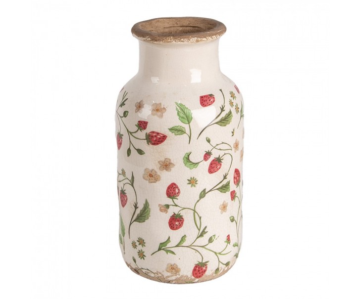 Béžová keramická váza s jahůdkami Wild Strawberries M - Ø 14*26 cm Clayre & Eef