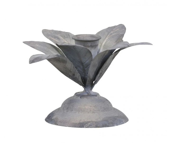 Zinkový antik kovový svícen na úzkou svíčku s květem Flower - Ø 12*9 cm Chic Antique