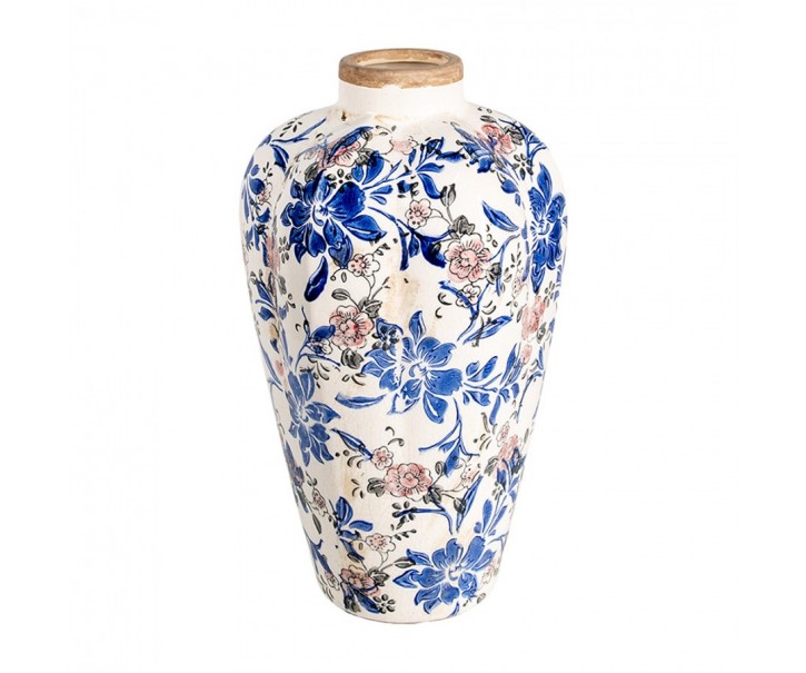 Béžová keramická dekorační váza s modrými květy Marsia - Ø 21*35 cm Clayre & Eef