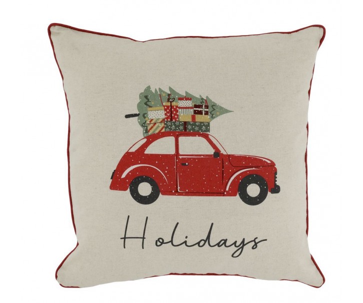 Béžový bavlněný povlak na polštář s autíčkem Holidays - 50*50cm Chic Antique