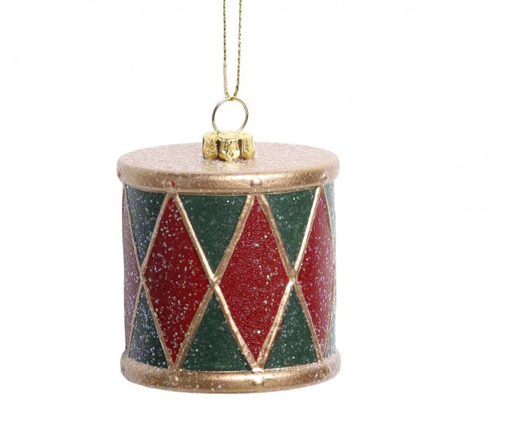 Červeno-zelená vánoční ozdoba Vintage buben - Ø 6*6 cm Chic Antique