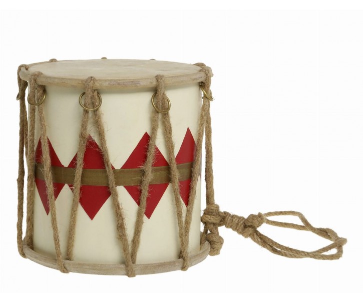 Červeno-bílý vánoční dřevěný buben s kůží Drum Vintage - Ø 17*16 cm Chic Antique