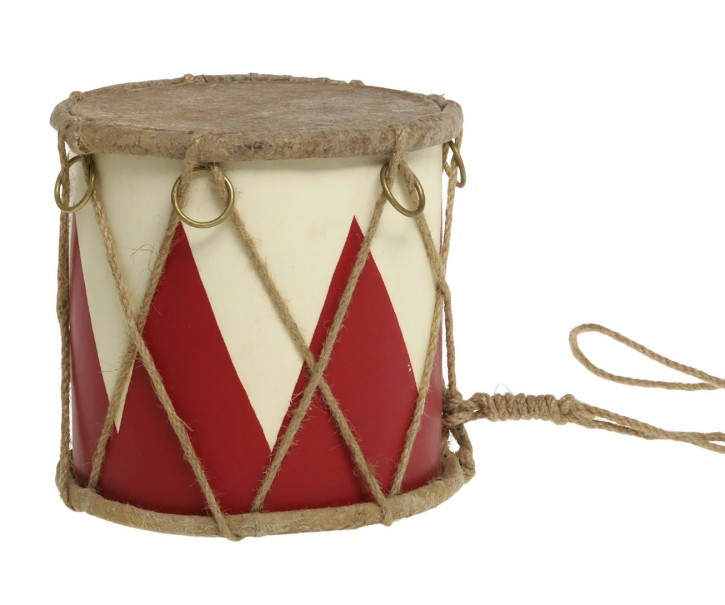 Červeno-bílý vánoční dřevěný buben s kůží Drum Vintage - Ø 15*12 cm Chic Antique