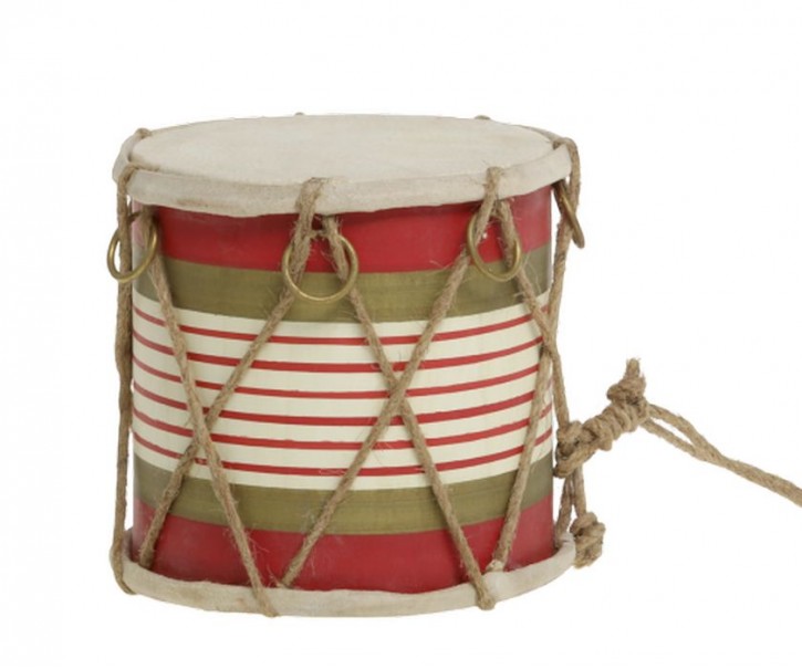 Červeno-bílý vánoční dřevěný buben s kůží Drum Vintage - Ø 11*10 cm Chic Antique