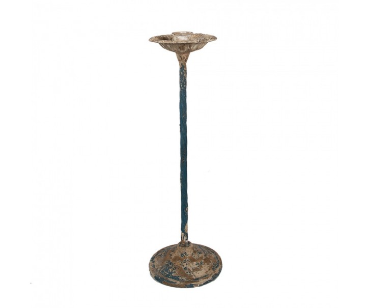 Béžovo modrý vintage kovový svícen na úzkou svíčku - 11*35 cm Clayre & Eef