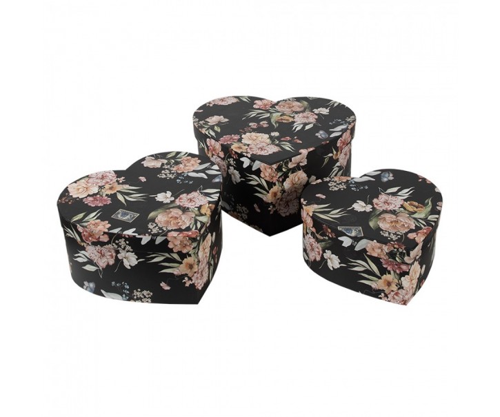 3ks černý box s květy ve tvaru srdce - 28*26*14/24*23*12/21*20*10 cm Clayre & Eef