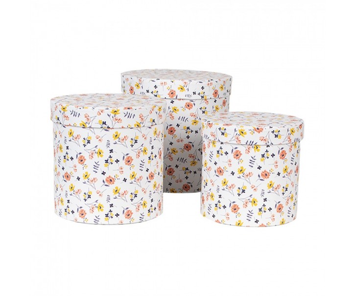 3ks bílý kulatý box s jemnými květy - Ø 19*19 / Ø 17*17 / Ø 15*15 cm Clayre & Eef