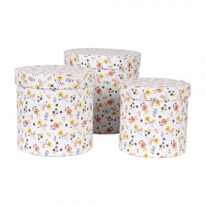 3ks bílý kulatý box s jemnými květy - Ø 19*19 / Ø 17*17 / Ø 15*15 cm