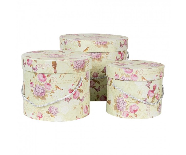 3ks zelený kulatý box s růžovými květy - Ø 23*20 / Ø 20*17 / Ø 17*14 cm Clayre & Eef