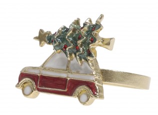 Mosazný antik kovový kroužek na ubrousek auto se stromkem - 4*4*4 cm