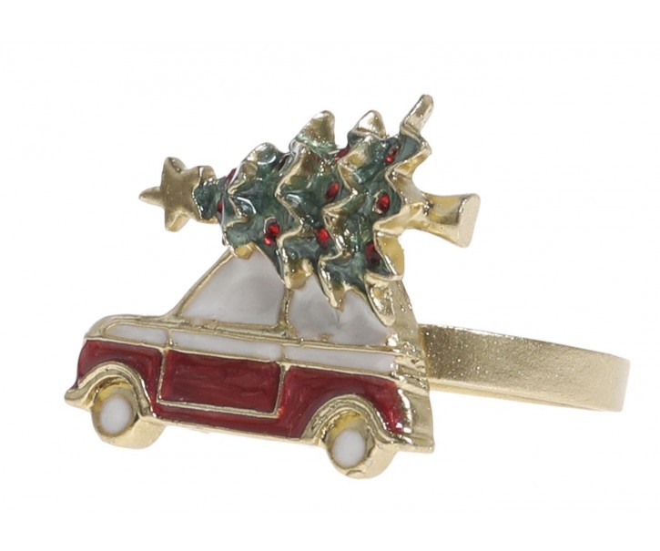 Mosazný antik kovový kroužek na ubrousek s auto se stromkem - 4*4*4 cm Chic Antique