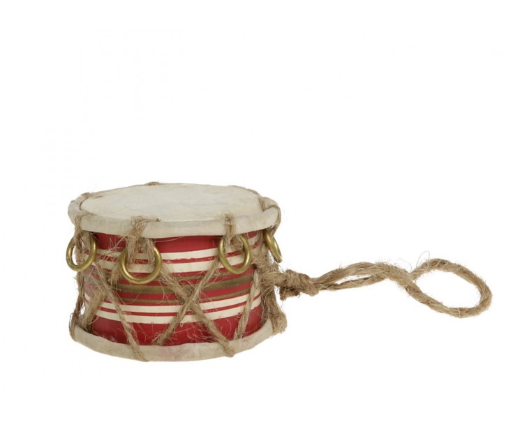 Červeno-bílý vánoční dřevěný bubínek s kůží Drum Vintage - Ø 6*4cm Chic Antique