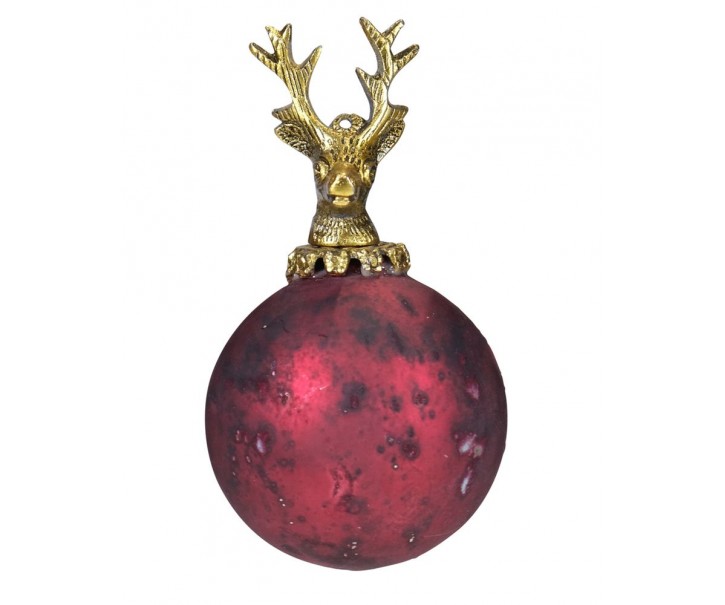 Červená antik skleněná vánoční koule s jelenem Deer - Ø8* 14 cm Mars & More 