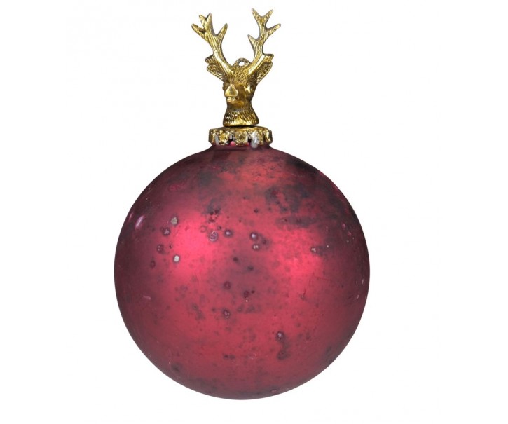 Červená antik skleněná vánoční koule s jelenem Deer - Ø12* 19 cm Mars & More 