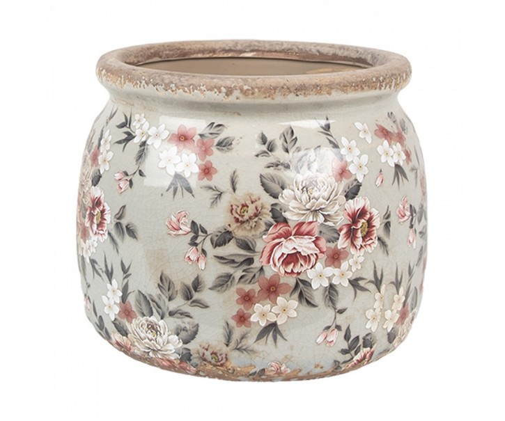 Šedý keramický dekorační květináč s květy Floria M - Ø 16*13 cm Clayre & Eef