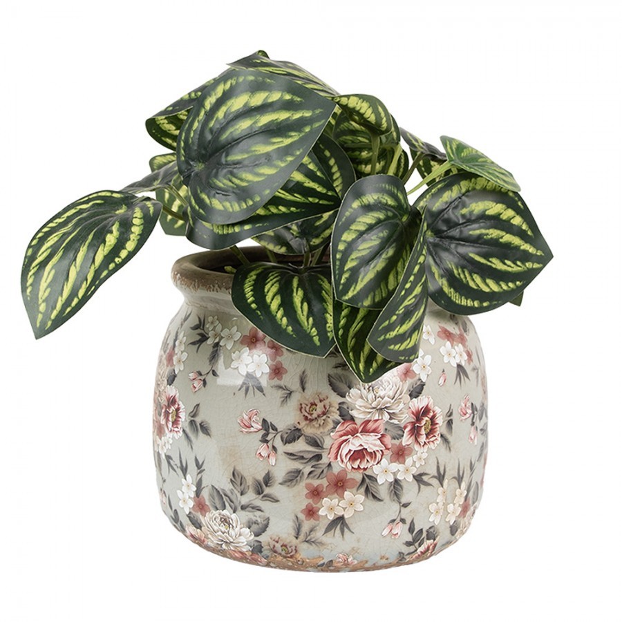 Zelený keramický dekorační květináč s květy Floria M - Ø 16*13 cm Clayre & Eef Zelený keramický dekorační květináč s květy Floria M - Ø 16*13 cm Clayre & Eef