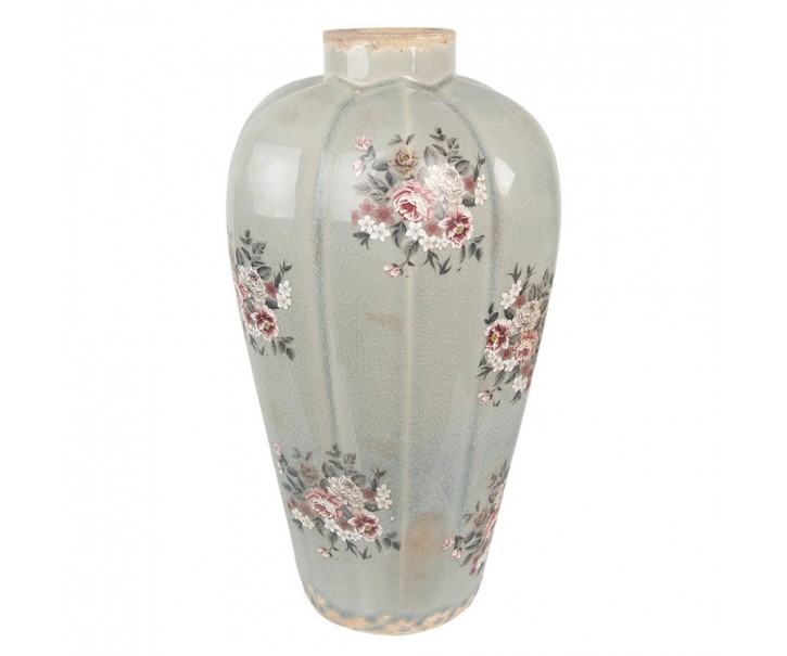 Šedá keramická dekorační váza s květy Floria - Ø 17*28 cm Clayre & Eef
