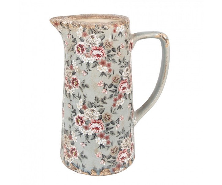Šedý keramický dekorační džbán s květy Floria L - 21*14*26 cm Clayre & Eef