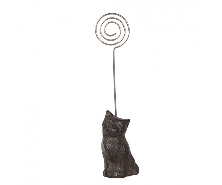 Stojan na vizitky / fotografii hnědá litinová kočička - 3*3*14 cm Clayre & Eef