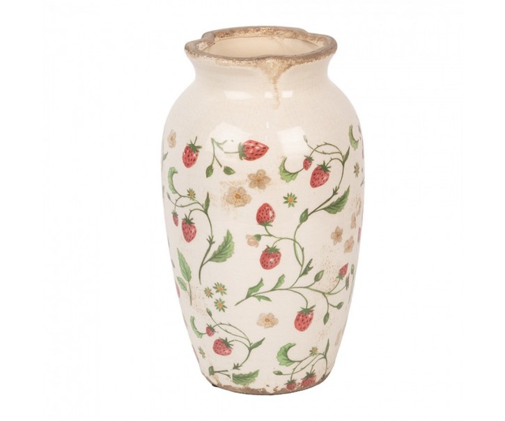 Béžová keramická váza s jahůdkami Wild Strawberries S - Ø 16*27 cm Clayre & Eef