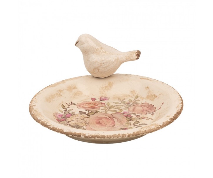 Béžové keramické krmítko pro ptáčky s růžemi Rosien M - Ø 21*10 cm Clayre & Eef